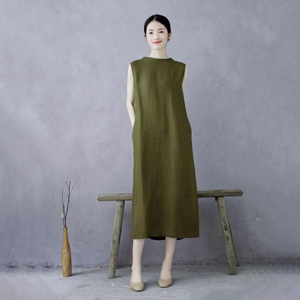 Comfortable, One of Kind. Summer Dresses online shop,|Casual|100% Linen|Mid-Calf|Sleeveless|Stand Collar|Button|Solid Color|Olive Green|M|L|XL|Summer|Hand Wash Casual Khaki Linen Dress, Green Casual Knee-length Sleeveless Dress, Casual Green Sleeveless Knee-length Dress, Casual Green Knee-length Sleeveless Dress, Khaki Sleeveless Dress With Pockets, Olive Sleeveless Midi Dress, Sleeveless Olive Maxi Dress For Spring, Khaki Sleeveless Midi Dress For Spring, Olive Sleeveless Maxi Dress For Summer