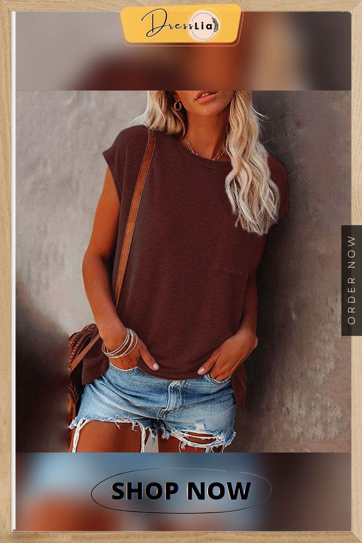 Women's Round-neck T-shirt Short-sleeved Loose-fitting Casual Shirt Trendy Solid Brown Tops, Brown Stretch T-shirt For Summer, Casual Stretch Muscle Tee With Short Sleeves, Brown Crew Neck Top For Summer, Brown Stretch Short Sleeve T-shirt, Brown Stretch Summer T-shirt, Cool Shorts, Nice Shorts, Lunar New