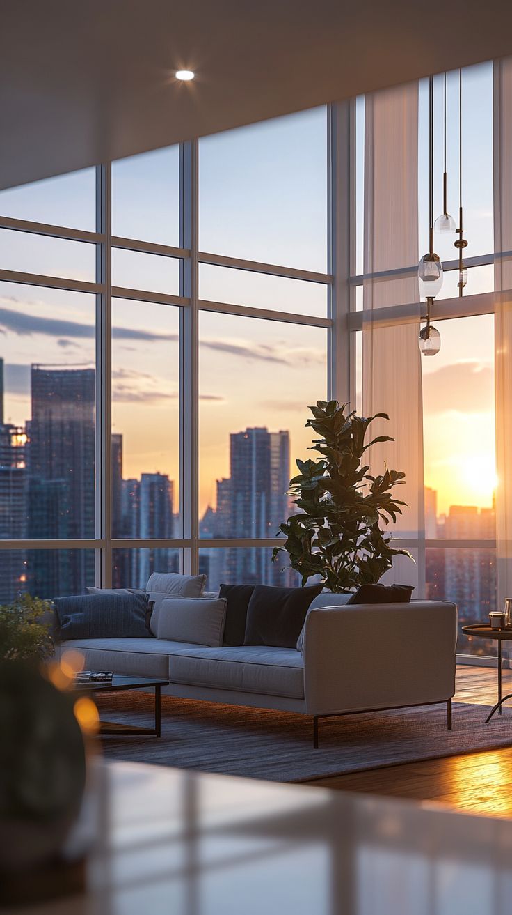 a living room filled with furniture and large windows overlooking the city at sunset or dawn