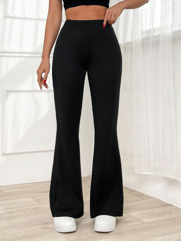 Women Black Low Waist Flared Leg Pants Black Casual   Fabric Plain Flare Leg Slight Stretch  Women Clothing, size features are:Bust: ,Length: ,Sleeve Length: Black Flared Trousers Outfit, Ribbed Pants, Black Flare Pants, Costume Inspo, Flared Leggings, Black Flare, Flare Leg Pants, Black Rib, Low Waist