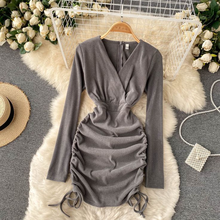 Sexy v-neck drawstring dress fashion dressFabric: blendedColor: gray, blackSize(cm): free size(1inch=2.54cm)length 82cm bust 80-100cm waist 68cm sleeve length 63cmPlease check the size carefully when you choose items, thank you. Fitted V-neck Mini Dress With Drawstring, Gray V-neck Dress For Date Night, Chic Gray V-neck Dress, V-neck Drawstring Party Dress, V-neck Drawstring Dresses For Party, Elegant Drawstring Dress For Date Night, Gray V-neck Mini Dress For Date Night, Gray V-neck Dress For Night Out, Chic Gray V-neck Mini Dress