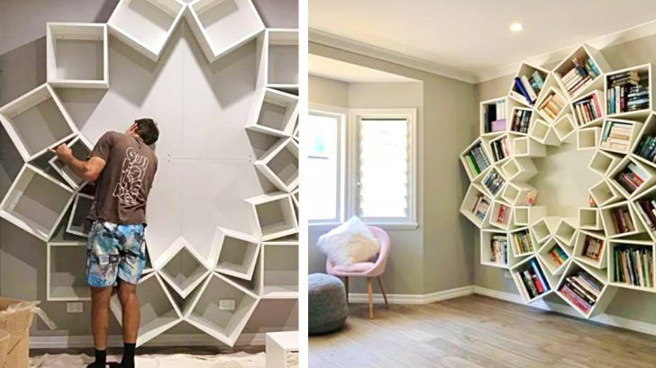 two pictures side by side, one with bookshelves and the other with shelves