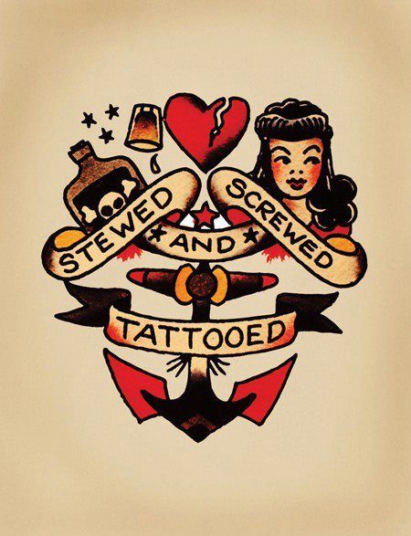 an old school tattoo design with a girl holding a bottle and two hearts on it