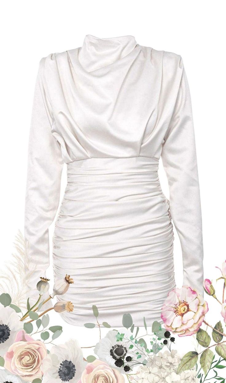 IVORY SATIN DRAPED MINI DRESSDescription:Elevate your style with this luxurious Ivory Satin Draped Mini Dress. Crafted from a fluid and lustrous satin fabric, this dress exudes elegance and sophistication. Its soft ivory tone adds a touch of romance to your look.The dress features long sleeves with elegant wrist vents, a high draped neckline, and a waist-nipping design that flatters your figure. The ruched mini skirt highlights your legs, making you feel confident and beautiful.This mini dress i Chic Long Sleeve Satin Mini Dress, Elegant White Satin Dress For Date Night, White Satin Mini Dress For Party, Cream Satin Mini Dress For Night Out, Fitted White Satin Mini Dress, Chic Fitted Mini Dress With Satin Finish, Cream Satin Party Dress, Chic White Satin Mini Dress, Chic White Mini Satin Dress