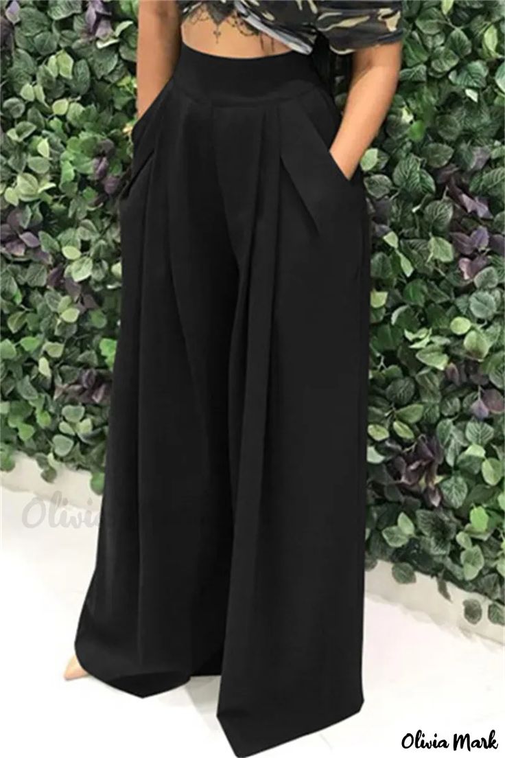 Black Style Vert, Plus Zise, Style Bleu, Wide Leg Palazzo Pants, Coffee Fashion, Chic Type, High Waist Bottoms, Style Noir, Summer Black