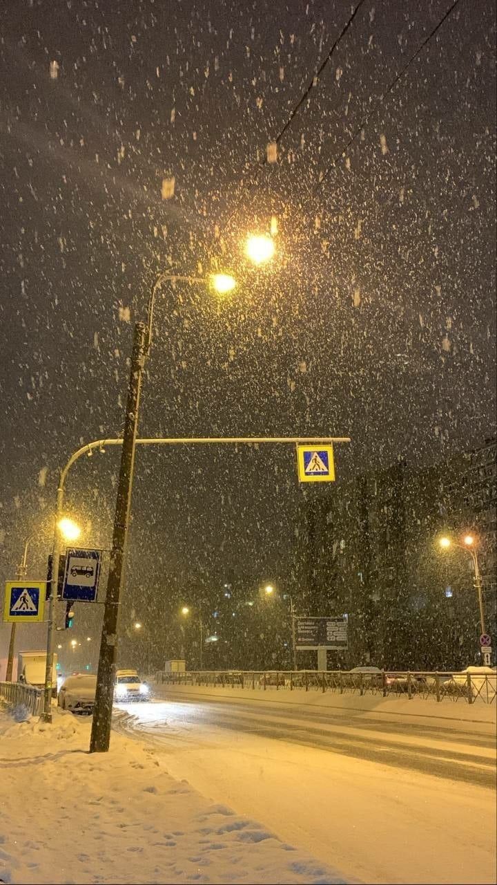 a snowy night with street lights and signs