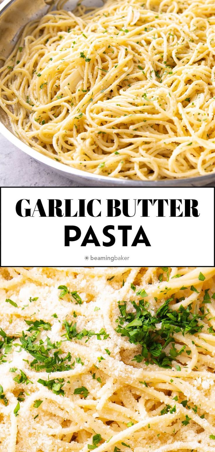 garlic butter pasta in a pan with parmesan cheese