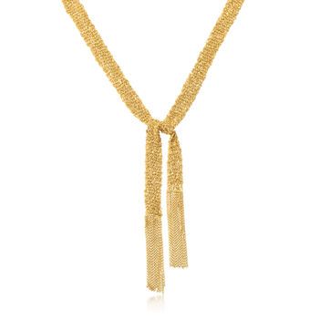 Ross-Simons - Italian 18kt Gold Over Sterling Silver Mesh Tie Necklace. 32". Exceptionally silky 18kt gold over sterling chains are hand-woven like a scarf. Wear this clever mesh tied as a necklace or wrapped into a unique bracelet. It's so soft and touchable, you won't believe it's not silk. 32" long including the fringe trim. 1/2" wide. Made in Italy. Clasp-free, 18kt yellow gold over sterling silver necklace. Luxury Multi-strand Chain Necklace For Formal Events, Luxury Multi-strand Chain Necklace For Formal Occasions, Luxury Lariat Chain Necklace For Evening, Luxury Gold Multi-strand Chain Necklace, Gold Multi-strand Chain Necklace In Luxury Style, Yellow Gold Multi-strand Necklaces For Formal Occasions, Luxury Gold Multi-strand Necklace, Luxury Multi-strand Gold Chain Necklace, Luxury Multi-strand Gold Necklace