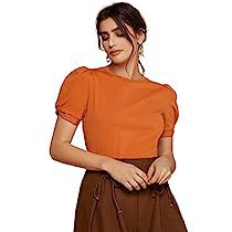 Orange Top Outfit, How To Wear Shirt, Womens Summer Shorts, Orange Outfit, Orange Top, Simple Shirts, Women T Shirts, Puff Sleeve Top, Elegant Outfit