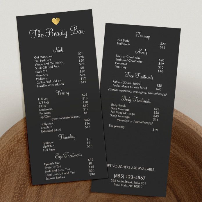 Makeup Studio Ideas Beauty Room, Black And Gold Salon, Makeup Studio Ideas, Beauty Salon Price List, Salon Price List, Esthetics Room, Gel Pedicure, Facial Waxing, Hairstylist Business Cards