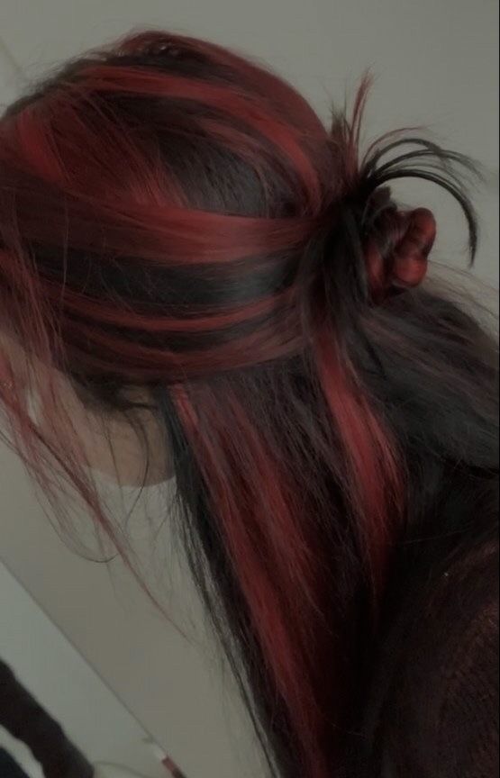 Scarletcore Aesthetic, Long Dyed Hair Aesthetic, Red Highlights In Brown Hair Wavy, Black Hair With Colored Extensions, Dark Red Skunk Stripe Hair, Black With Red Underneath Hair, Red Hair Grunge Aesthetic, Skunk Hair Red, Black Hair With Red Money Piece