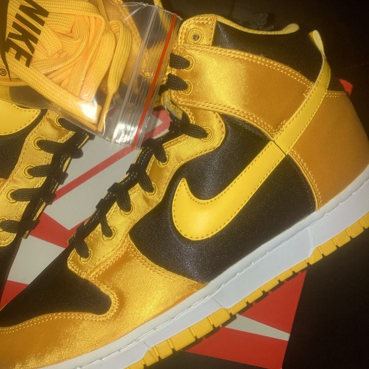 Satin Nike Dunk High Yellow And Black. Size 10w Nike Dunks Yellow, Black Nike Dunks High, Nike Jordan High-top Yellow Shoes, Black And Yellow Nike Shoes, Nike Dunk High Team Gold, Nike Gold, Nike Dunk High, Yellow Outfit, Nike Dunks