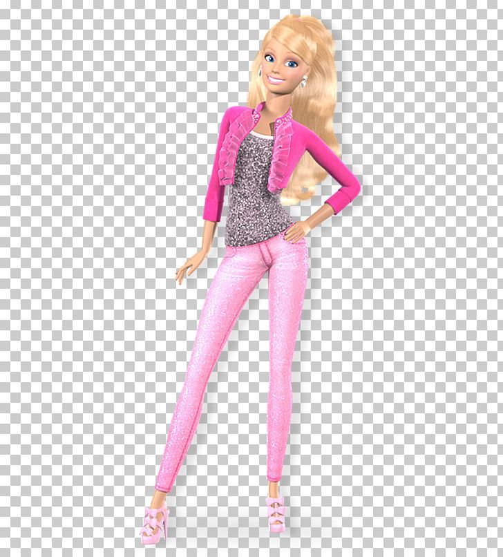 barbie doll in pink pants and jacket standing with her hands on her hips, looking at the