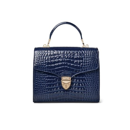 Mayfair Bag in Midnight Blue Patent Croc London Mayfair, Aspinal Of London, Signature Hardware, Leather Cleaning, Leather Top, Blue Leather, Midnight Blue, Embossed Leather, Top Handle