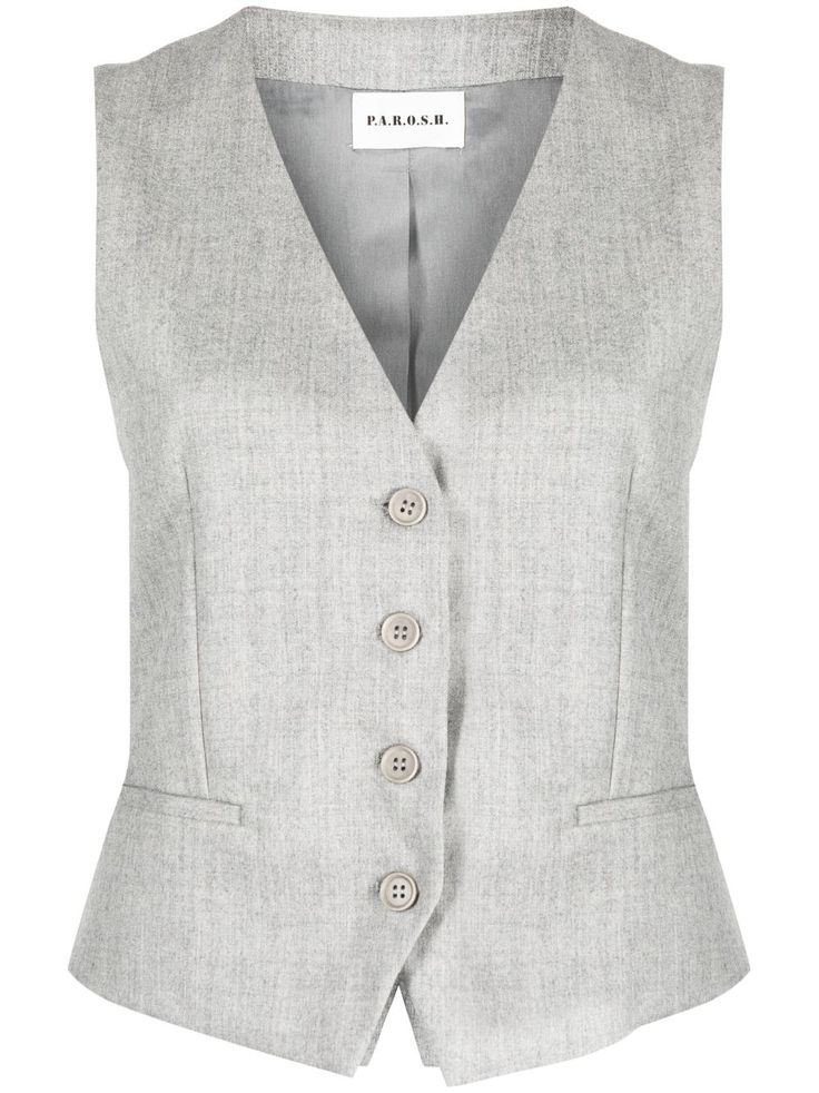 cool grey virgin wool blend V-neck front button fastening sleeveless two front jetted pockets adjustable strap to the rear straight hem Gentle Outfits, Grey Vest, Vest Designs, Airport Fashion, Outerwear Vest, Modular Sofa, Outerwear Women, A R, Parka