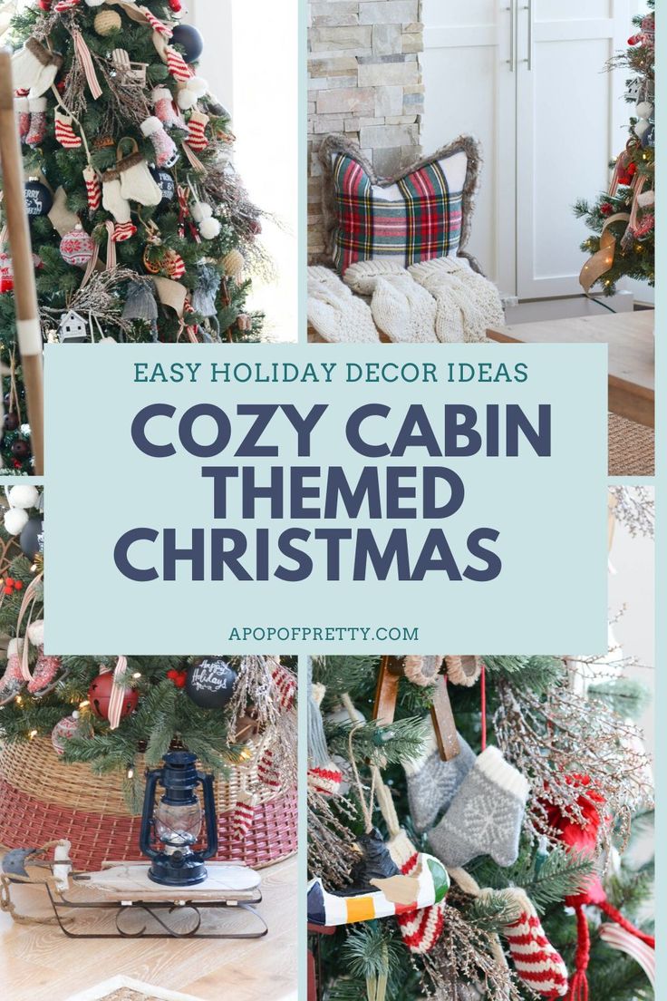 cozy cabin themed christmas tree with plaid stockings