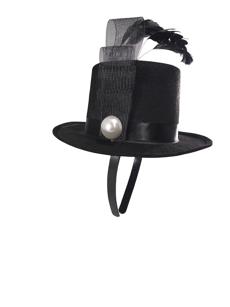 "Mini Black Top Hat on Headband. This mini top hat has an attached ribbon with a pearl decor. Attached on a lightweight headband. Perfect for Halloween, Steampunk costumes, Halloween and more! One Size Fits Most Adults and some children. Top hat itself stand approximately 3.5\" tall and approximately 7.5\" wide." Adjustable Mini Hats For Costume Party At Carnival, Adjustable Mini Hats For Carnival Costume Party, Punk Top Hat For Halloween Party, Punk Style Top Hat For Halloween Party, Punk Style Halloween Party Top Hat, Punk Mini Hat With High Crown For Costume Party, Adjustable Mini Hats For Carnival Costume, Adjustable Top Hat For Carnival Party, Adjustable Punk Mini Hats For Halloween