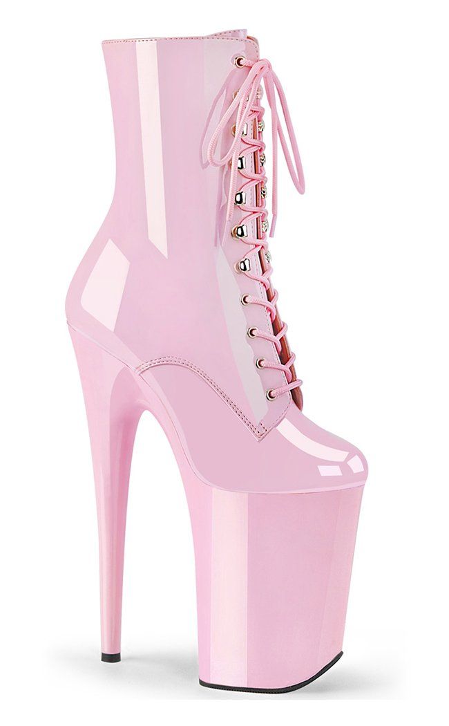 INFINITY-1020 Baby Pink Ankle Boots-Pleaser-Tragic Beautiful High-top Patent Leather Heels For Party, High-top Patent Leather Party Heels, Patent Leather Party Heels, Pink Platform Boots, Pink Ankle Boots, Pink Platform, Demonia Shoes, Extreme High Heels, Pink Platforms