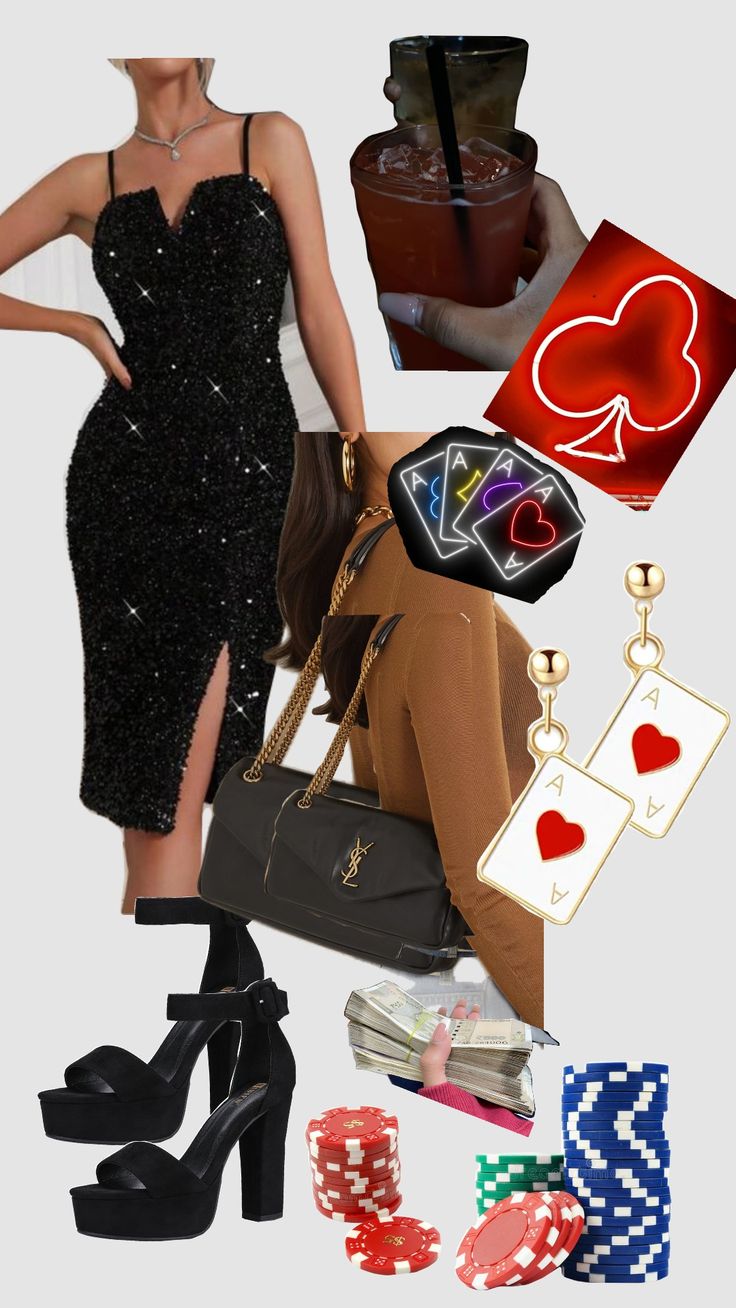 a woman in a black dress and some casino accessories