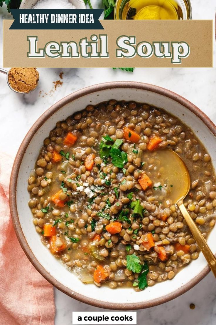 lentil soup with carrots and parsley in a bowl