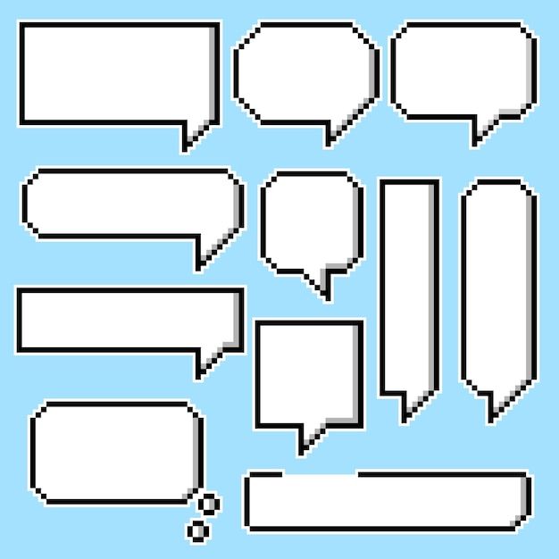 the pixel style speech bubbles are shown in black and white, on a blue background