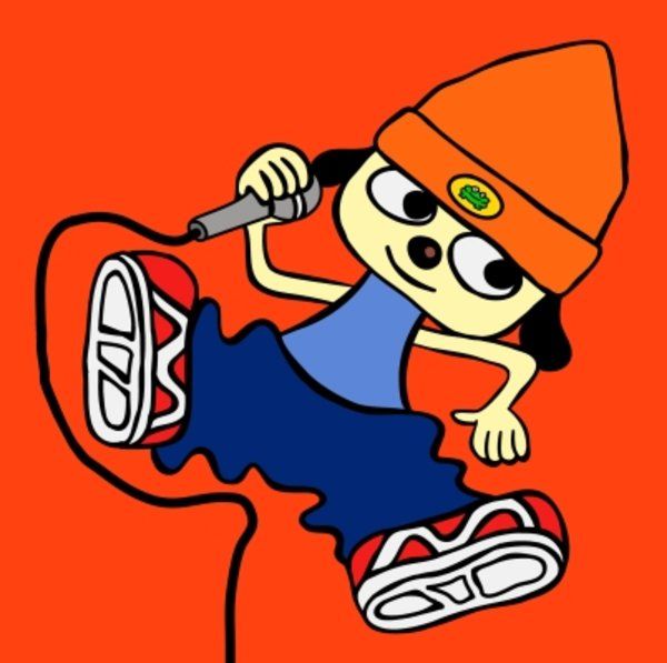 a drawing of a person on a skateboard with an orange hat and blue dress