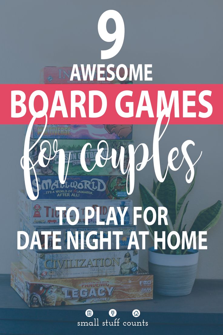 a stack of board games with text overlay saying 9 awesome board games for couples to play for date night at home