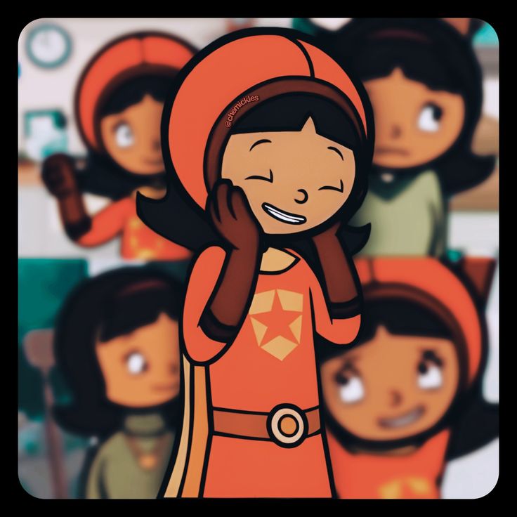 an animated woman standing in front of a group of people with her hands on her face