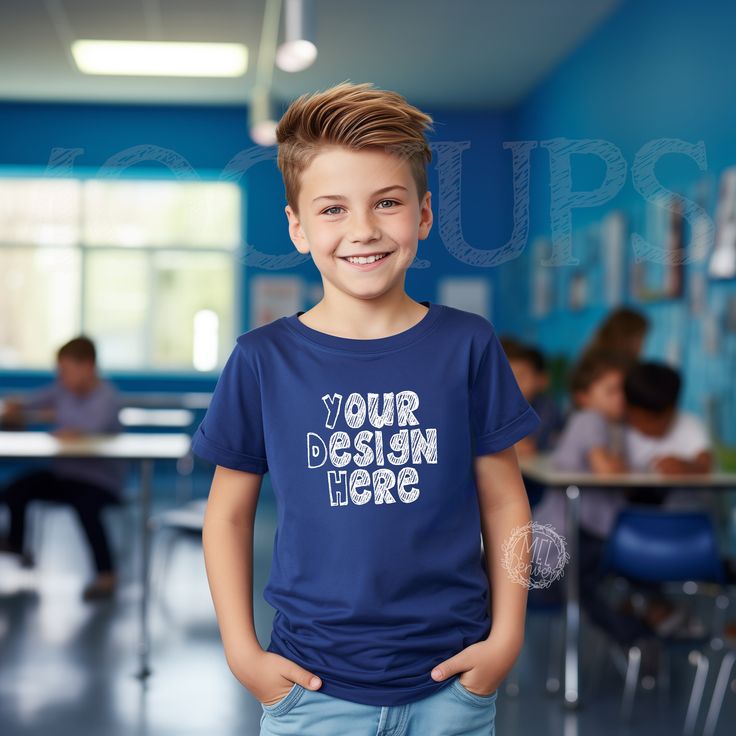 Blue Pre-shrunk T-shirt For School Events, Customizable Crew Neck School T-shirt, Blue Graphic Print T-shirt For School Events, Blue School Tops With Team Name, Blue Short Sleeve Top For School Events, Blue School Spirit Tops For School Events, Blue Cotton Top For School Events, Blue Cotton Tops For School Events, Blue School Spirit T-shirt