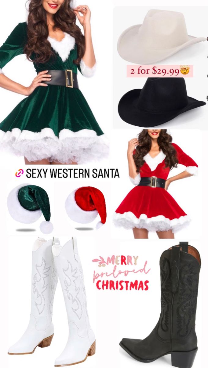 Womens Santa Outfit, Christmas Hoedown Outfit, Christmas Classy Outfit, Cowboy Christmas Party Outfit, Cowboy Christmas Outfit, 30th Outfit, Western Christmas Outfits, Santa Outfit For Women, Christmas Outfit Inspiration