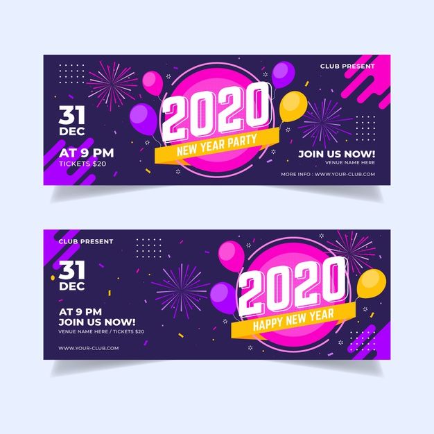 two new year's eve party banners with fireworks and confetti on purple background