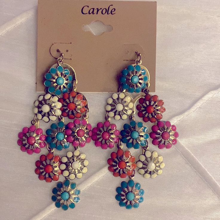 Carole Earrings Metal Multicolor Flowers Colorful Dangle Earrings For Spring, Spring Multicolored Dangle Earrings, Colorful Spring Dangle Earrings, Elegant Adjustable Multicolor Flower Earrings, Multicolor Dangle Earrings For Spring, Multicolor Drop Earrings For Spring, Pink Flower Metal Earrings, Pink Flower-shaped Metal Earrings, Trendy Multicolor Flower Drop Earrings