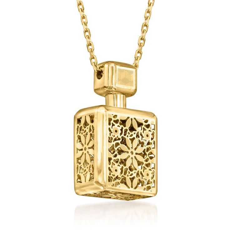 Ross-Simons - Italian 14kt Yellow Gold Perfume Bottle Necklace. 18". This Italian-made necklace features a graceful and feminine design. Luxuriously crafted in 14kt yellow gold, a perfume bottle flaunts floral filigree openwork with textured and polished finishes. Suspends from a cable chain with a 2" extender. Springring clasp, 14kt yellow gold perfume bottle necklace. Gold Engraved Necklaces For Evening, Gold Engraved Necklace For Evening, Elegant Filigree Jewelry For Keepsake, Keepsake Yellow Gold Filigree Jewelry, Elegant Gold Keepsake Jewelry, Gold Rectangular Necklace For Keepsakes, Elegant Filigree Jewelry For Memorial, Gold Rectangular Necklace For Evening, Formal Rectangular Locket Necklace