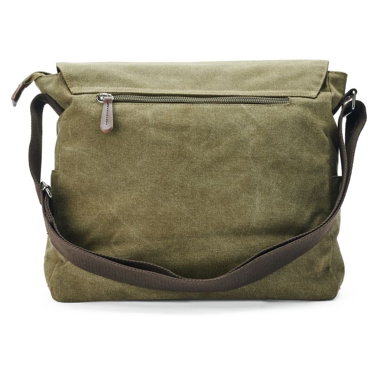 This vintage-inspired messenger bag suits all your daily needs, thanks to its spacious interior. Outfitted with zips on the back, the flap, and inside, with pockets for your phone, cards, and stationery. Inside, a laptop compartment keeps your electronics safe – perfect for the urban gentleman. Crafted from durable canvas with supple leather highlights and lined with soft nylon. Adjust the straps for a comfortable fit on any adventure. Green Shoulder Bag With Laptop Sleeve For Everyday Use, Green Shoulder Bag With Laptop Sleeve For Travel, Retro Travel Shoulder Bag With Pockets, Vintage Satchel With Zipper Pocket For Daily Use, Retro Everyday Satchel With Pockets, Retro Shoulder Bag With Pockets For Travel, Vintage Crossbody Laptop Bag For Daily Use, Large Capacity Flap Bag For Everyday Use, Travel Laptop Bag With Flap