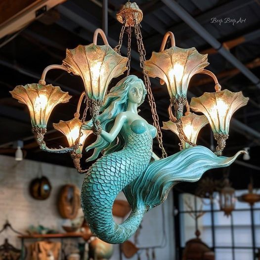 a mermaid chandelier hanging from a ceiling in a room with lots of lights