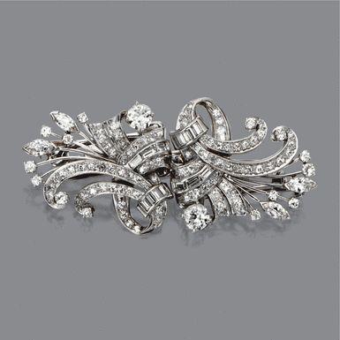 Diamond double-clip/brooch, circa 1950 Designed as floral sprays and curling ribbons, set with 2 old European-cut diamonds weighing approximately 1.00 carat, and with 4 marquise-shaped, 14 baguette and 102 small old E European-cut diamonds altogether weighing approximately 4.30 carats, mounted in platinum. Old Master Paintings, Master Paintings, Vintage Collections, Vintage Jewlery, Dress Clip, Diamond Brooch, Deco Jewelry, Vintage Jewels, Old Master