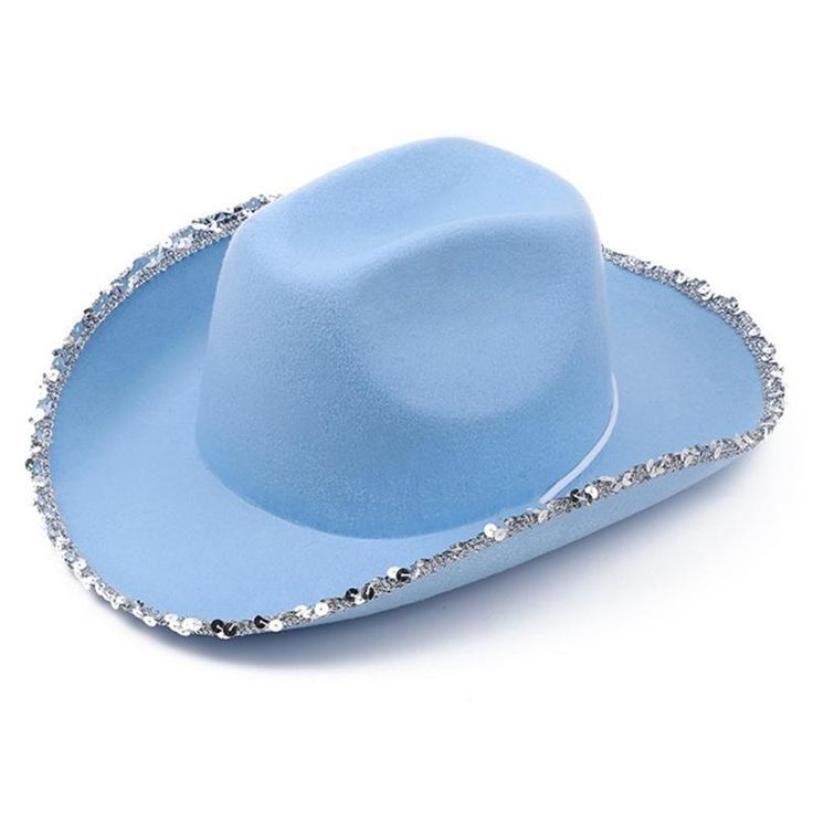 a light blue hat with silver sequins around the brim on a white background