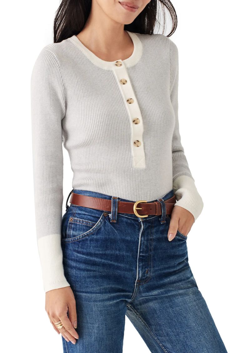 Faherty Mikki Organic Cotton & Cashmere Henley Sweater | Nordstrom Lounge Looks, Lounge Outfit, Henley Sweater, Puff Long Sleeves, Henley Top, Fashion Wear, Look Chic, Light Weight Sweater, Rib Knit