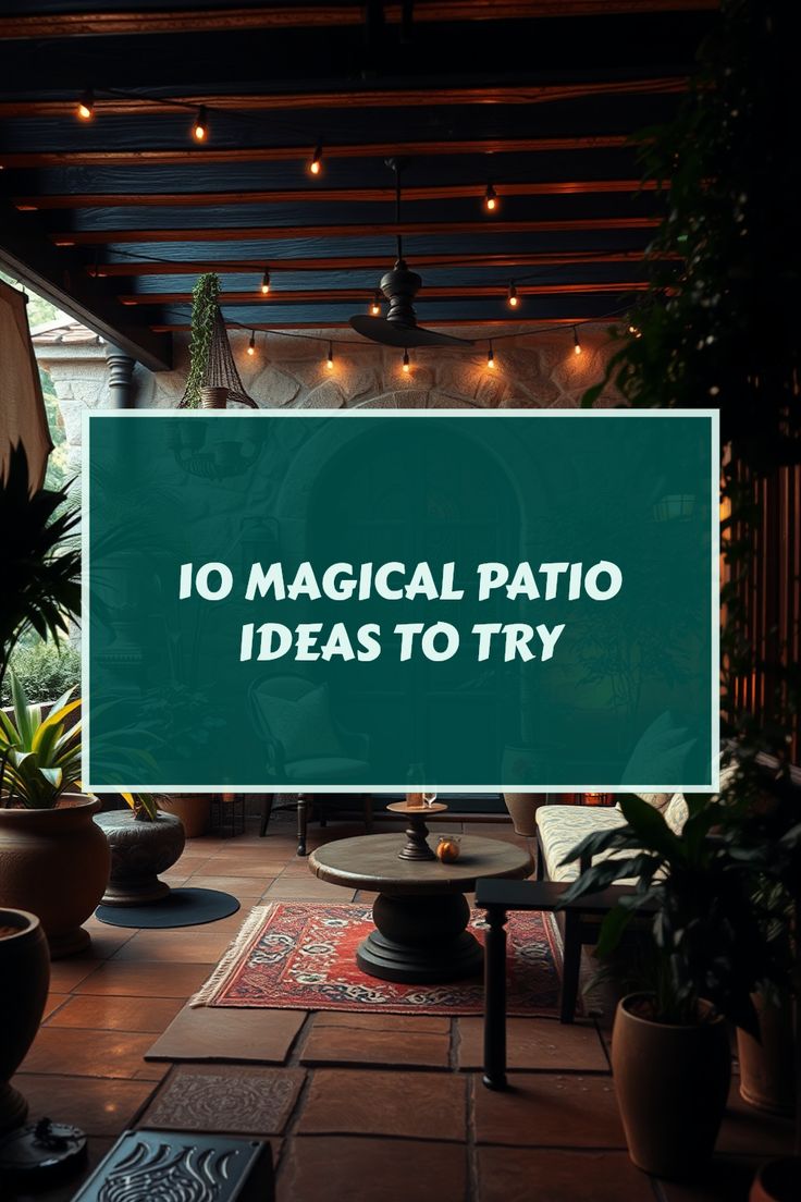 a sign that says 10 magic patio ideas to try in front of potted plants