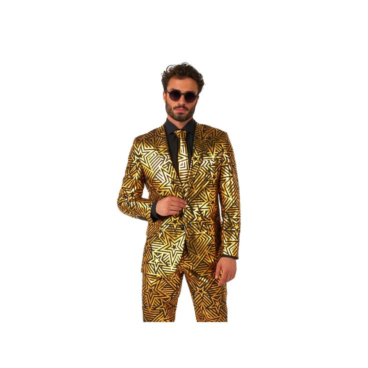 Fashion forward. Break away from the old black-tie dress code and make a stylish splash at your next special event in this men's gold suit from OppoSuits. Fashion forward. Break away from the old black-tie dress code and make a stylish splash at your next special event in this men's gold suit from OppoSuits. FEATURES Includes: suit jacket, pants & matching tie NA Jacket: padded shoulders, button front, 2-pockets, long sleeves Pants: flat front, 4 pockets, zipper fly with hook & button closureFAB Star Suit, Star Gender, Black Tie Dress Code, Gold Suit, Black Tie Dress, Mens Gold, Suit Set, Blazers For Men, Tie Dress