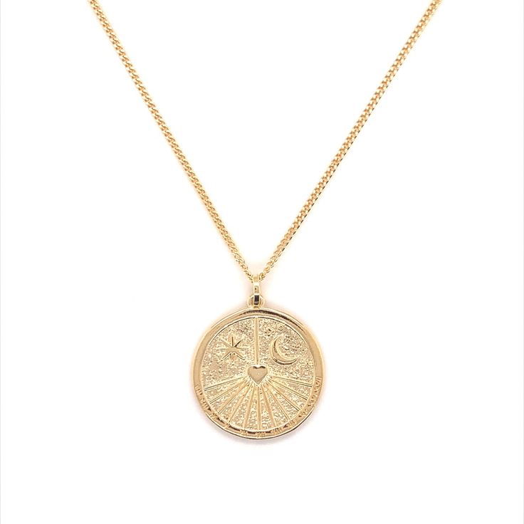 Our celestial pendant on a gold filled 1mm curb charm is a captivating piece that allows you to embrace the enchanting beauty of the cosmos. The necklace features a celestial-themed pendant, adorned with celestial elements such as stars, moons, and a heart evoking a sense of awe and wonder. Celestial Charm Necklace With Star Charm And Round Pendant, Celestial Moon Charm Pendant Jewelry, Celestial Style Moon Charm Pendant Jewelry, Celestial Yellow Gold Charm Necklaces With Moon Phase, Celestial Jewelry With Star Charm Round Pendant, Celestial Pendant Necklace With Adjustable Chain, Celestial Style Jewelry With Star Charm Round Pendant, Celestial Yellow Gold Moon Phase Charm Necklaces, Celestial Yellow Gold Plated Necklaces