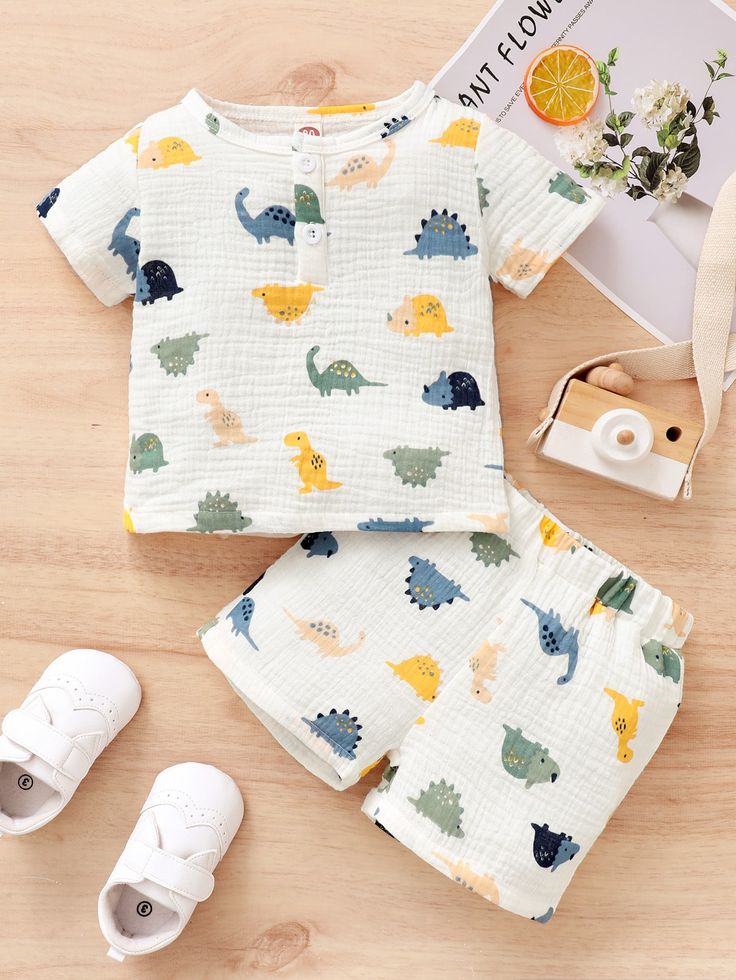 White Casual  Short Sleeve Cotton Cartoon  Embellished Non-Stretch Summer Baby Clothing Baby Boy Summer Outfits, Baby Boy Fashion Summer, Son Clothes, Boys Summer Fashion, Kids Garments, Baby Dinosaur, Baby Boy Summer, Baby Boy Dress, Summer Baby Clothes