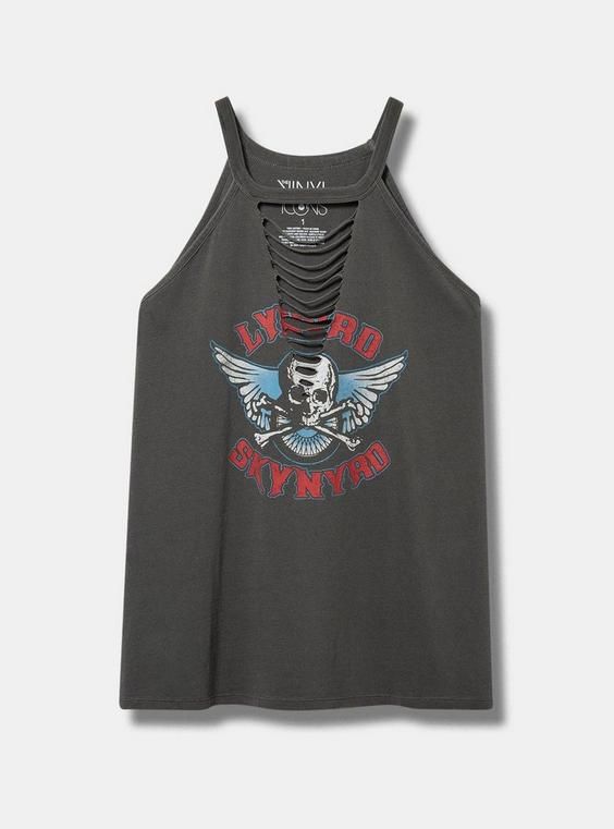 a black tank top with an image of a skull and wings on the chest,