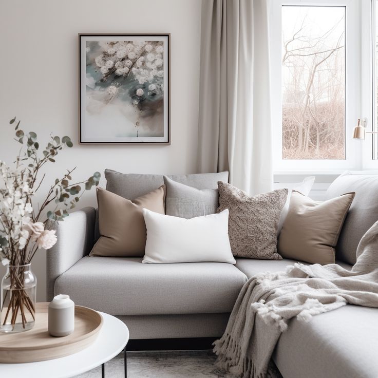 a living room filled with lots of furniture next to a white coffee table and window