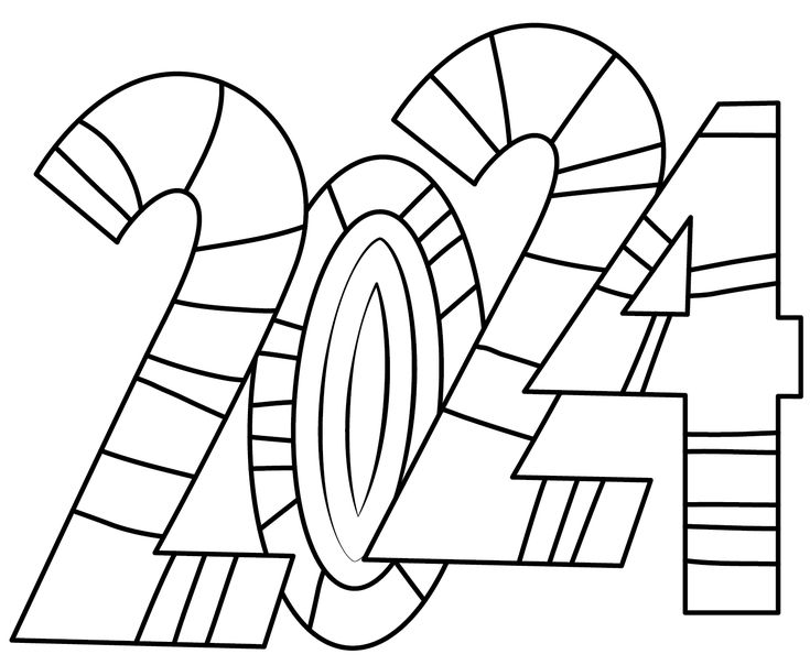 the new year coloring page for children with numbers and candy canes in black and white