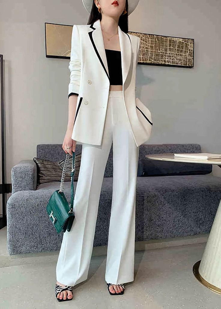 Women's Asymmetric Collar Double Breasted Blazer Pants Suit Set White Double-breasted Semi-formal Blazer, Modern White Formal Pants, White Double Breasted Long Sleeve Suit For Office, White Double-breasted Tuxedo Blazer, White Long Sleeve Double Breasted Suit For Work, White Tailored Pants For Semi-formal Occasions, Tailored Double-breasted White Blazer, White Tailored Double-breasted Suit, Chic Structured White Bottoms