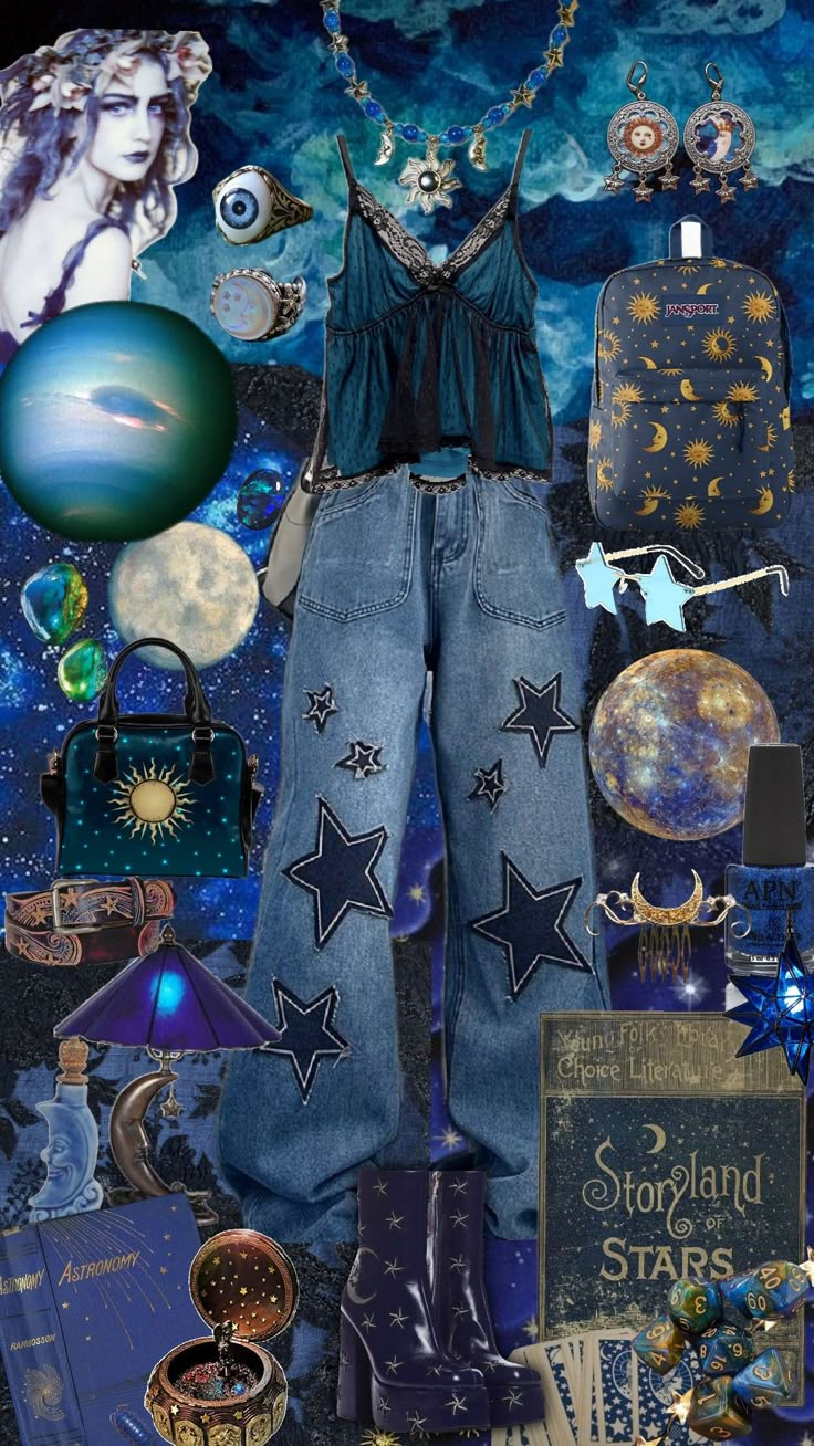 blue sun and moon outfit #outfitinspo#whimsigoth #outfit #blue #astrology #blue #jewelry #sunandmoon #sun #moon #style #jewelry #shoes Blue Goblincore Outfit, Planetarium Date Outfit, Astroacademia Outfits, Astrology Outfits Aesthetic, Mooncore Aesthetic Outfit, Moon Outfit Aesthetic, Astro Academia, Sun Inspired Outfit, Sun And Moon Outfit