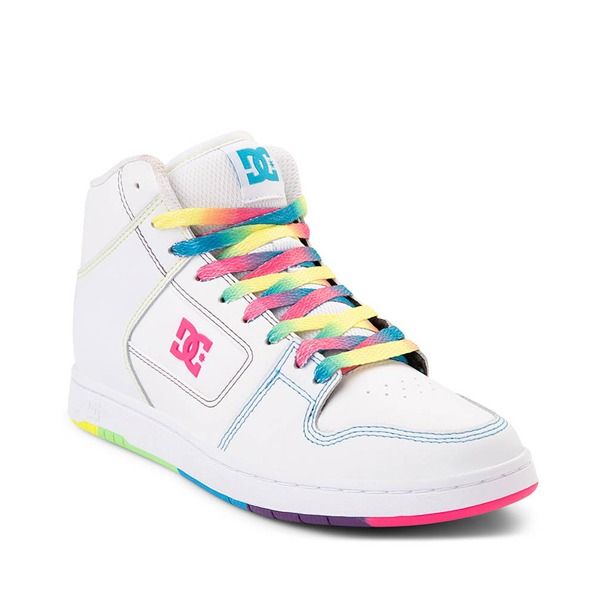 Womens DC Manteca 4 Hi Skate Shoe - White / Rainbow | Journeys Dynamic High-top Lace-up Sneakers, Dynamic High-top Sneakers With Laces, Dynamic High-top Sneakers With Round Toe, White High-top Sneakers With Elastic Laces For Streetwear, Dynamic White High-top Sneakers With Laces, Dynamic High-top Basketball Shoes With Laces, White Fade-resistant Lace-up Skate Shoes, High-top Sneakers With Elastic Laces And White Sole, Multicolor High-top Sneakers With Laces