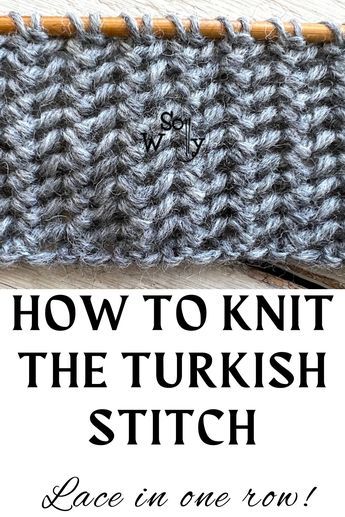 the text how to knit the turkish stitch is shown in front of an image of yarn