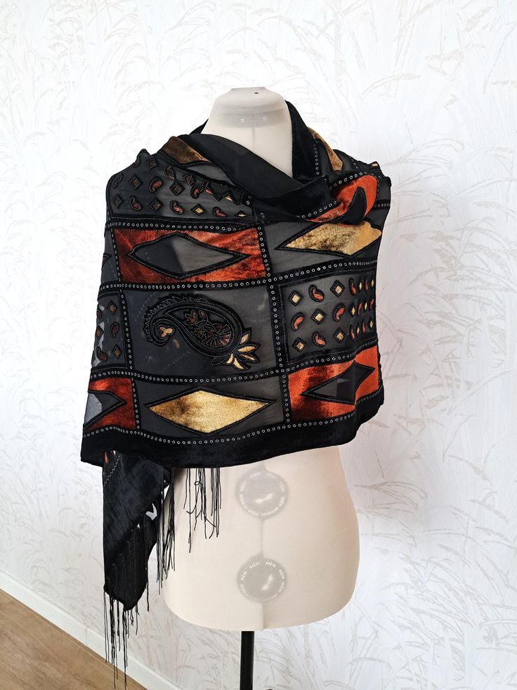 Black, gold, rust colors burnout velvet shawl with geometric and paisley design, long hand double knotted fringes, 40% silk, 60% viscose. This scarf in is very good condition. Measures - length - 185 cm/72.8'' with fringes, width -  52 cm/ 20.5'' Style Manifestation, Velvet Shawl, Velvet Scarf, Fringe Shawl, Burnout Velvet, Long Fringe, Scarf Silk, Long Fringes, Schwarz Gold